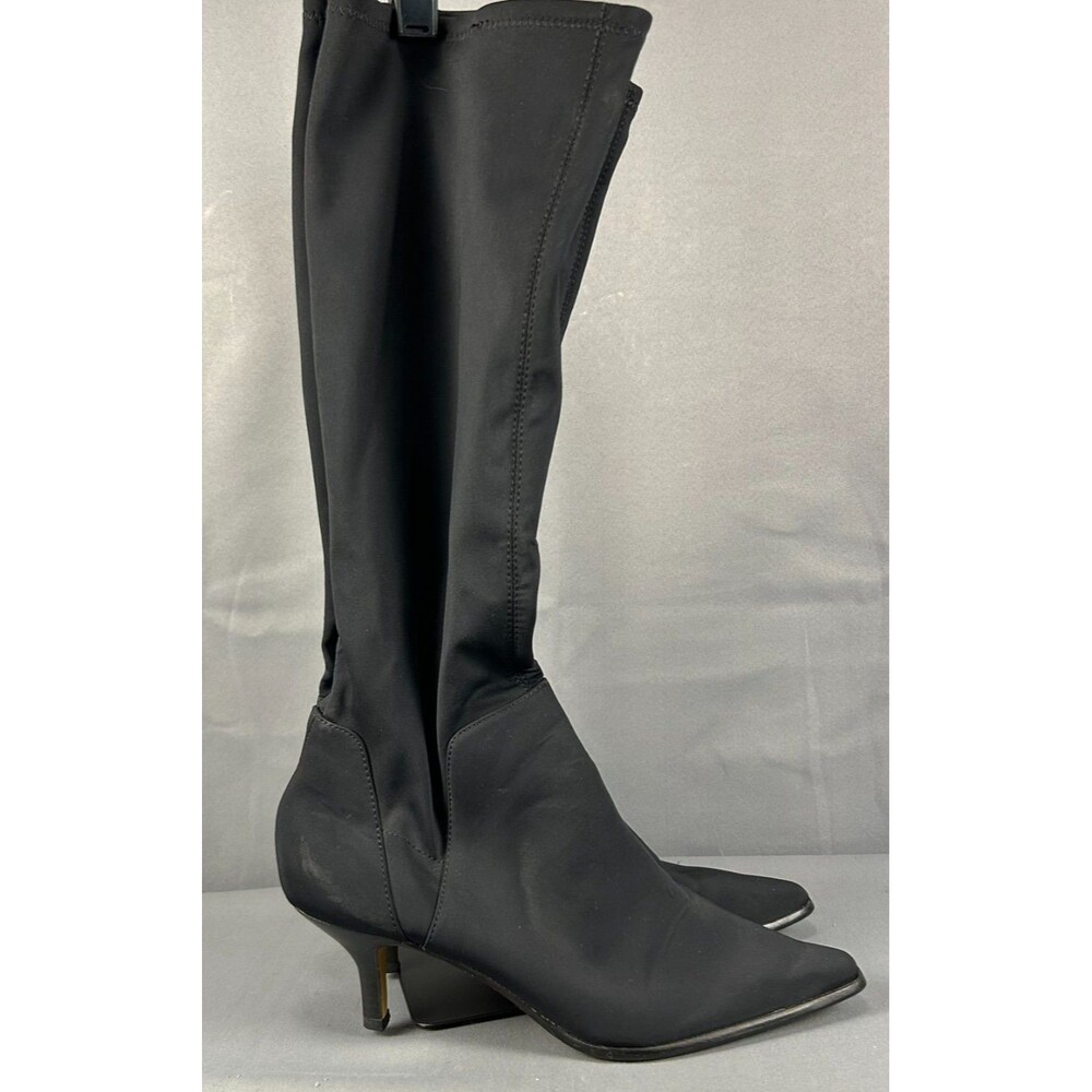 Donald J Pliner Black Stretch Fabric Knee High Boots Womens 8M Pointed Kitten